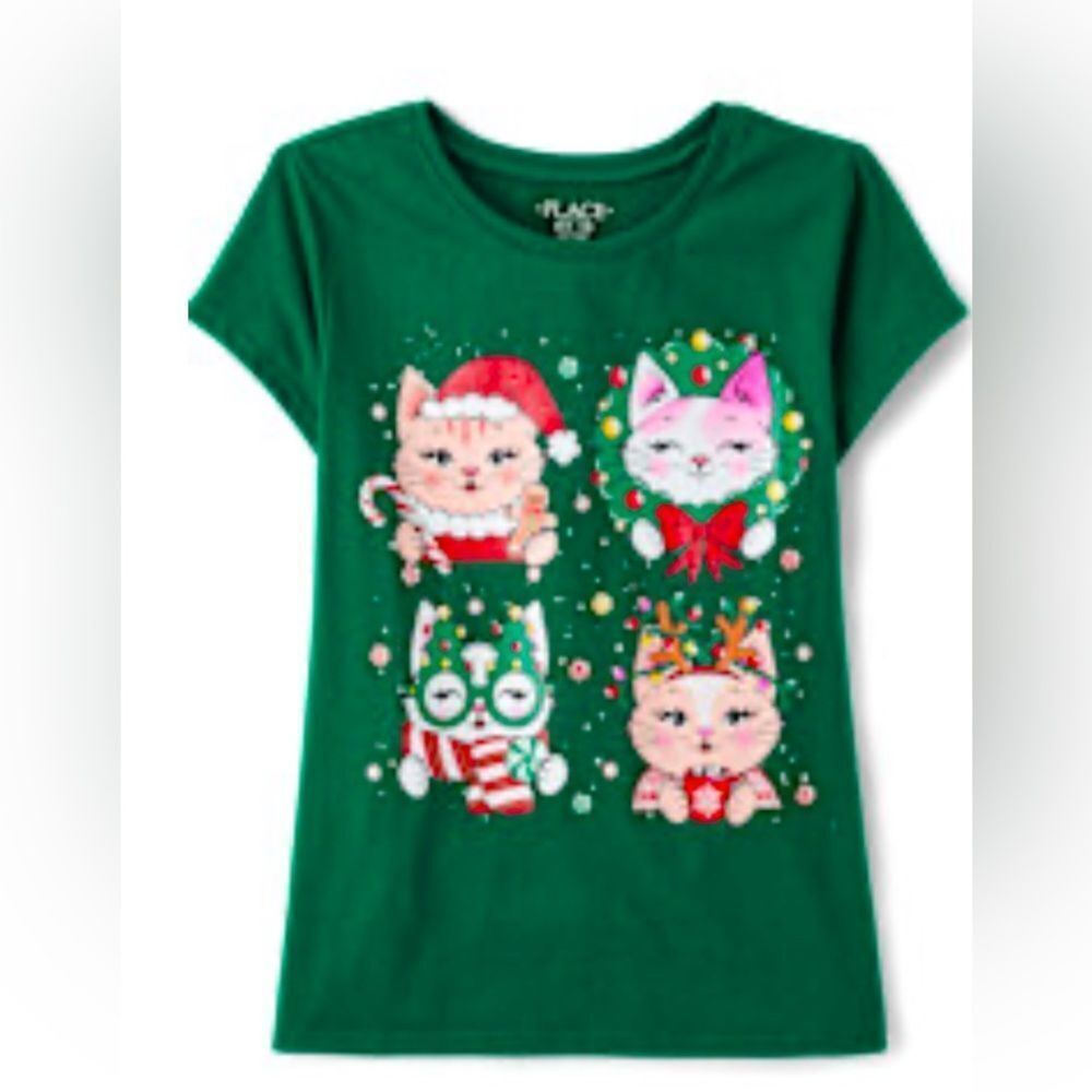 The Childrens Place Girls Graphic Tee Christmas Cats (XXL)